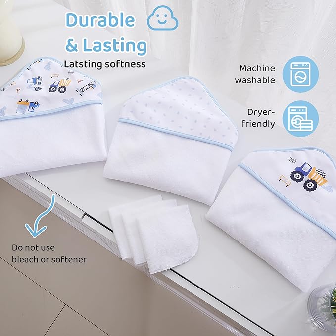 Mooreeke Baby Towel with Hood for Boys Blue Excavator Bath Towel for Babies Ultra Soft Absorbent 3 PCS Baby Towels and 3 PCS Washcloths for Newborn Essentials