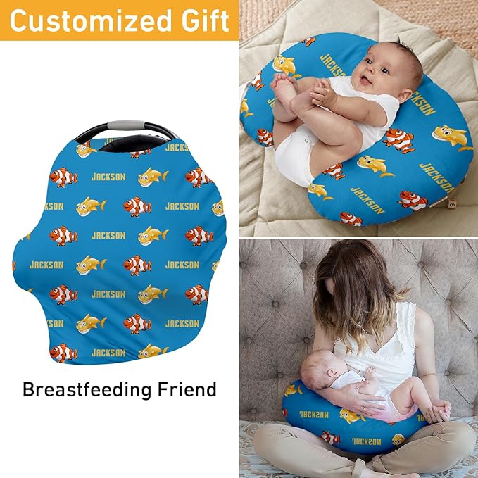 Custom Name Car Seat Canopy - Baby Car Seat Covers, Blue Fish Pattern Infant Stroller Cover, Carseat Canopy Christmas Birthday Gifts for Girls and Boys(27"x29")