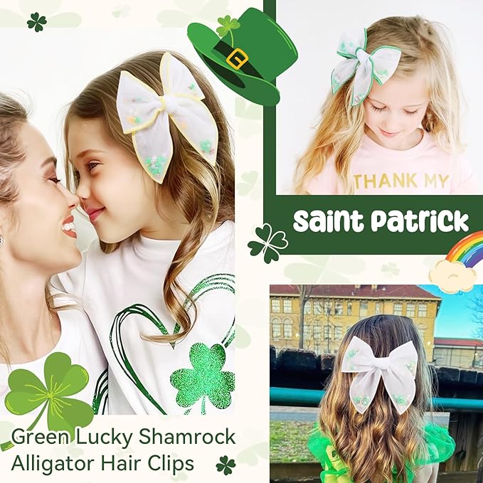 CN 6 PCS St.Patrick day Tulle Hair Bows for Girls, Toddler Bows with Glitter Star Alligator