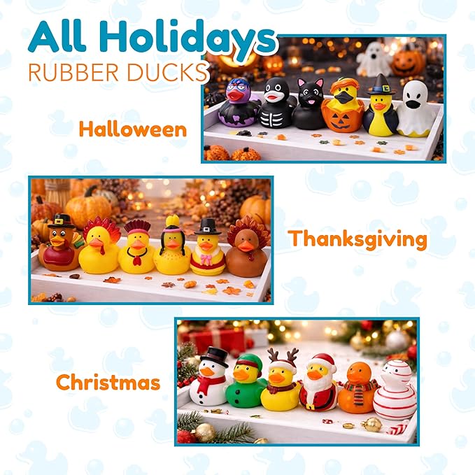 4E's Novelty Rubber Ducks for All Holidays, Bulk Pack of 42 - Includes 6 of Each Holiday, St Patricks Day Duckies, Easter, July 4 Ducks, Bath Toys for Kids, Gift for Jeep Owners, Jeep Ducking