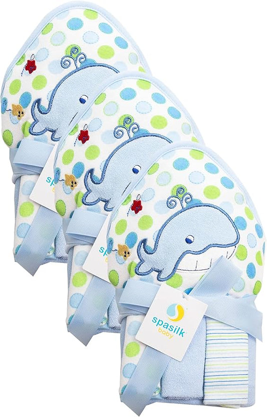 Spasilk Baby Bath Hooded Terry Towel with 3 Washcloths, Baby Bath Essentials, One Size, Blue Whale (Pack of 3)