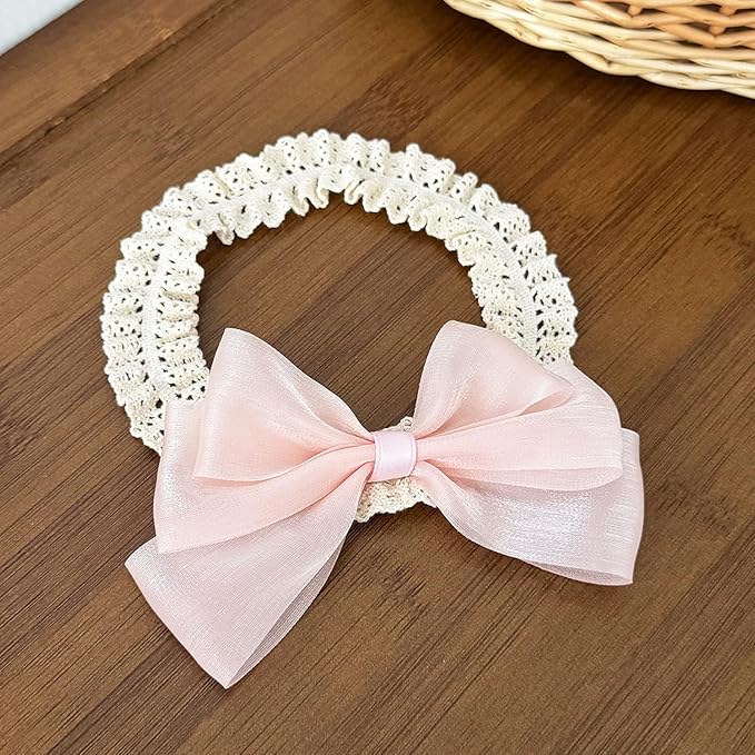 Baby Girls Hairbands Bow Lace Headband Handmade Soft Stretchy Pink Bowknot Hairbands Newborn Hairband with Bows Elastic Hair Bands for Kids Infant(Glossy Pink Bow