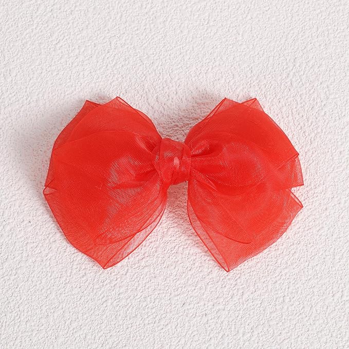 Poppy Red Mesh Ribbon Hair Bows Clips 4" Valentines Tulle Bow-Knot Alligator Barrettes Hairpins Christmas New Year Outfits Decor Accessories Gift for Toddler Teen Girls Kids
