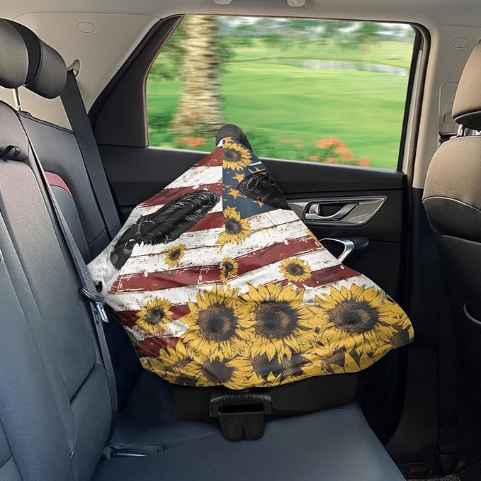 Wanyint US Flag Cow Print Car Seat Covers for Babies Car Seat Canopy for Boys Girls,Windproof Infant Carseat Canopy Cover Nursing Cover for Breastfeeding
