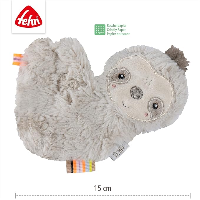 Fehn Crackling Sloth - Activity container for gripping, listening, playing and making sounds - Promotes baby's senses and motor skills - Ideal companion for babies and toddlers from onwards