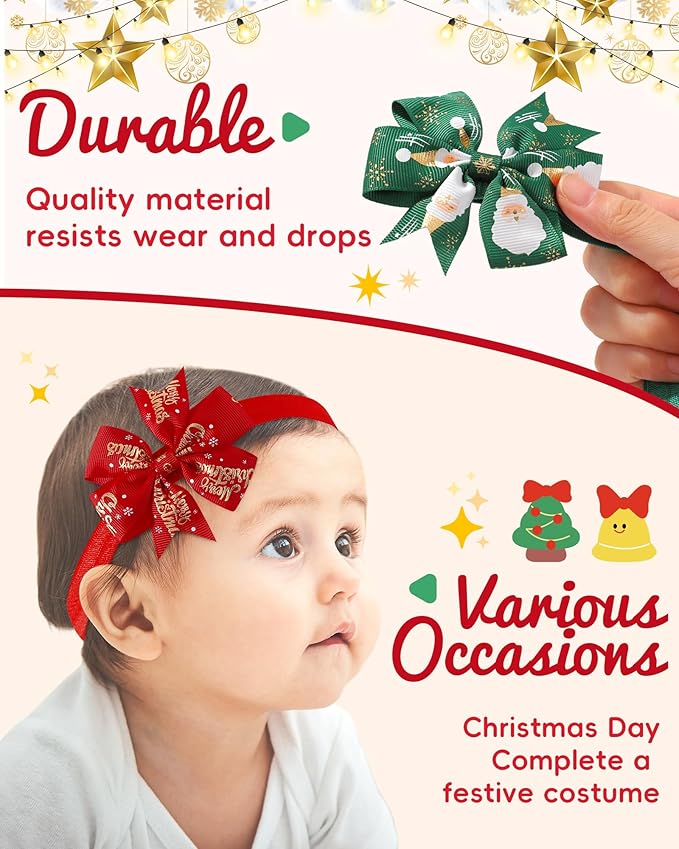 jollybows 10pcs Christmas Baby Bows Headbands Soft Stretchy Grosgrain Ribbon Hairbands with Bows Christmas Headbands Hair Accessories for Newborn Baby Girls Infant Toddlers Kids