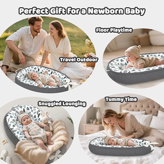 Baby Lounger - 100% Cotton Baby Lounger for Newborn with Lounger Cover, Portable Baby Nest for Home and Travel, Waterproof Lining, Newborn Babies Essentials Gifts
