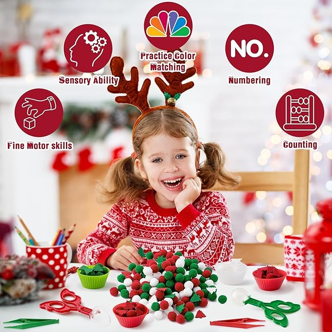 EZdhuawuse Summer Fine Motor Toys - 270Pcs Counting Sorting Sensory Bin Filler Set for Kids Xmas Counting Toy with Felt Xmas Tree Pom Poms Cup Clip for Preschool Education Activities