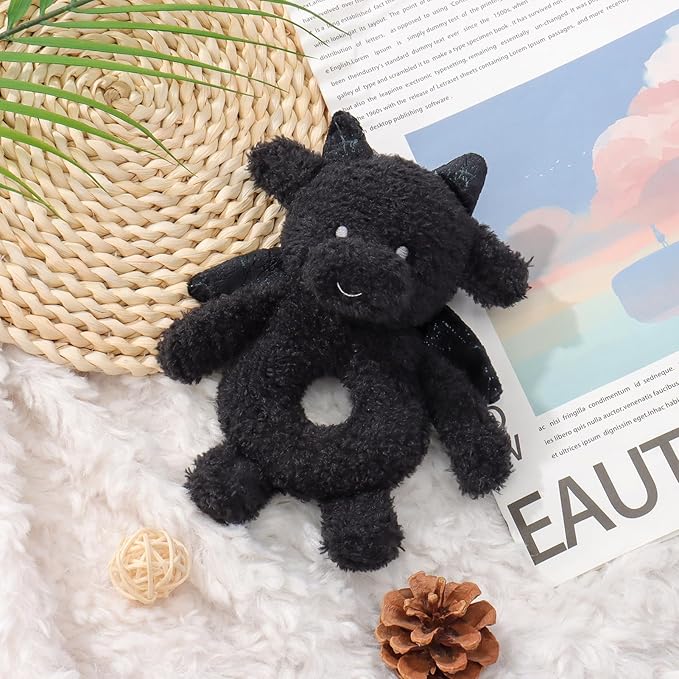 Apricot Lamb Dragon Rattle Soft Baby Rattle for Boys and Girls, Plush Stuffed Animal Rattle Toy Lovey for The Newborn, 0-3 Months, 0-6 Months and Above, 4.8 Inches (Black)