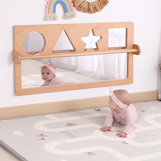 Baby Early Learning Shatter-Resistant Safety Mirrors w/Pull Up Bar, Infants Exploration Set, Toddlers Montessori Classroom Furniture for Daycare, Preschool and Nursery (Natural, Standard)