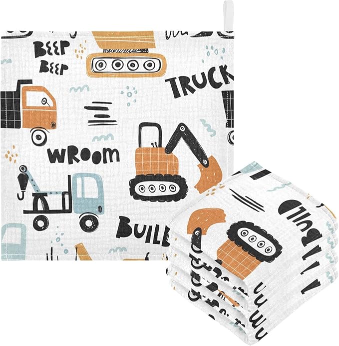 vvfelixl Building Equipment Construction Transpor Baby Burp Cloths, Baby Muslin Washcloths for Boys Girls, Cotton Baby Face Towel for Newborn Infants Soft and Absorbent 11.8 X 11.8 in, 5 Pack