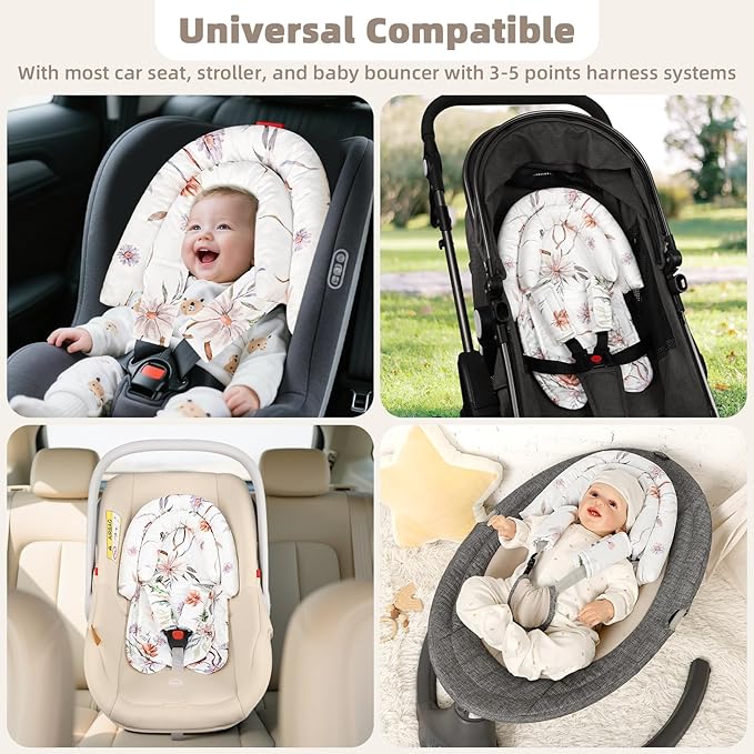 2-in-1 Infant Car Seat Insert, Upgraded Newborn Carseat Insert, Breathable & Soft Baby Car Seat Head Support with 2 Strap Covers for Girls, Perfect for Carseat, Stroller, Swing, White Flower