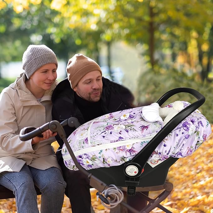 Winter Car Seat Cover Baby Girl Boy, Warm & Windproof Infant Carseat Cover Canopy Protect Baby from Cold Weather, Plush Fleece, Purple Floral
