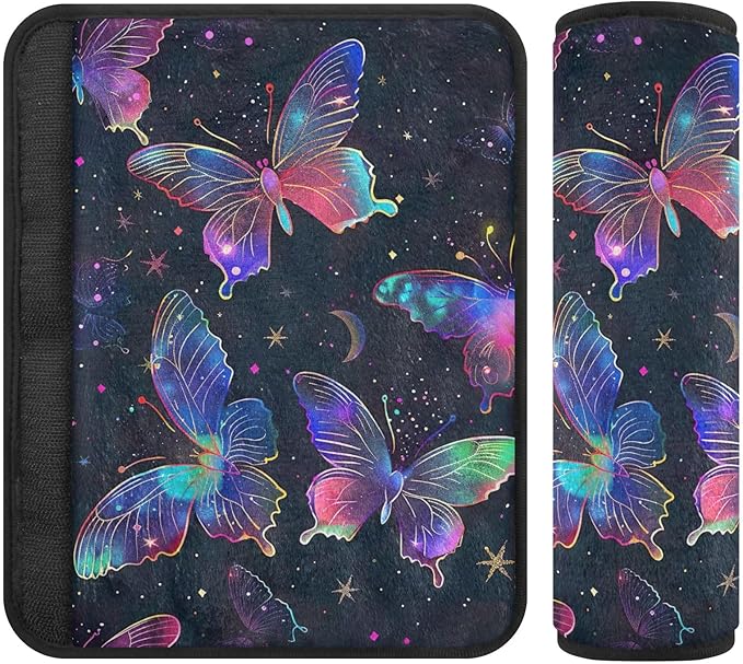 CHIFIGNO Pack of 2 Car Seat Belt Covers Neon Butterflies Car Seat Strap Pads Comfortable Seat Belt Shoulder Pad for Adults Kids
