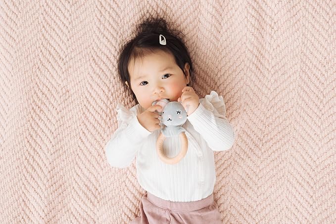 Pearhead Mouse Wooden Baby Teether – Soft Plush Lovey with Natural Wood Rattle Ring, BPA-Free, Soothes Infant Gums, Multi-Sensory Newborn Essential for Boys and Girls, 0+ Months