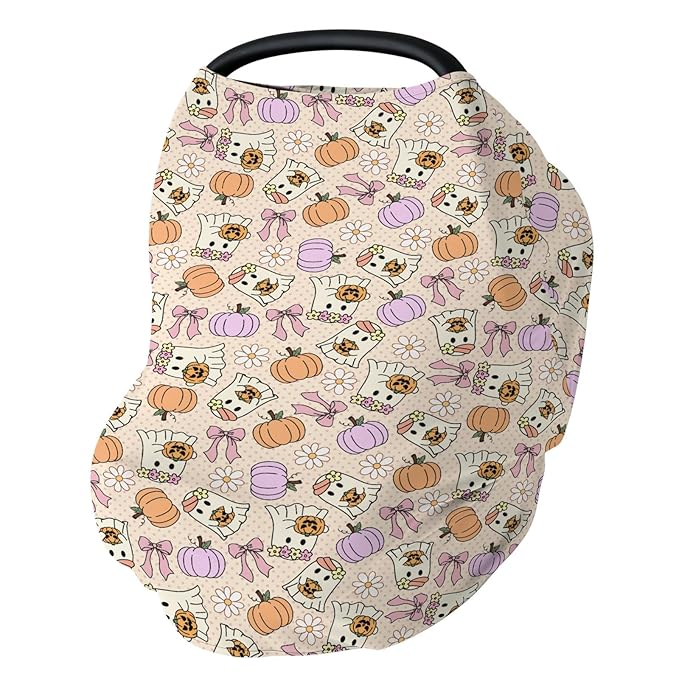 Cute Pumpkins Bows Flowers Baby Car Seat Covers Spooky Halloween Stretchy 5-in-1 Cover Adjustable Car Canopy Breastfeeding Cover Fall Autumn Floral Breathable Nursing Cover-Up