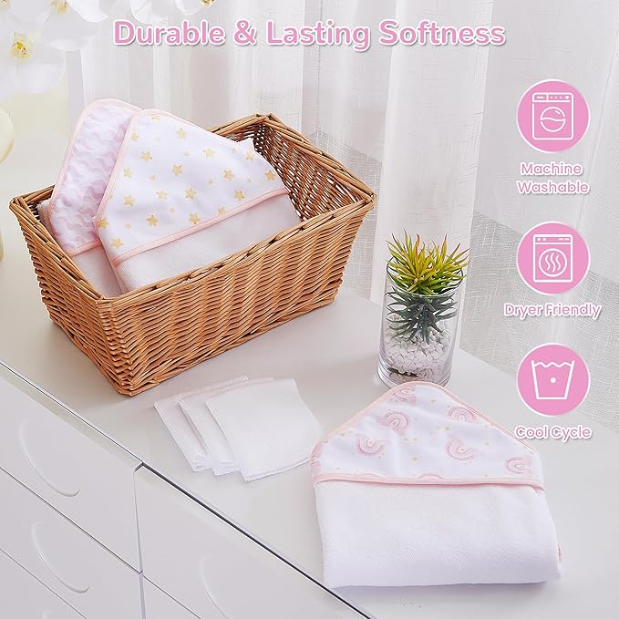 Viviland 6 Pcs Hooded Baby Towels and Washcloths Set, Super Gentle Bath Towels for Newborn Face & Body, Absorbent Wash Cloth for Infants Girls, Pink-Rainbow Pattern, 28 x 28 inch