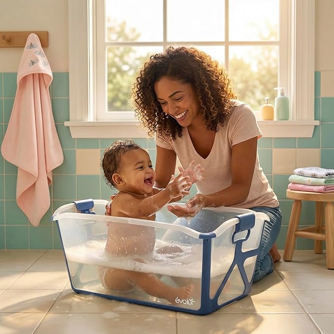 Evolur Supple Baby Spa Set with Infant Bathtub, Hammock Support Seat & Metal Frame, Newborn Tub for 0–12 Months, Complete Baby Care Essentials Gift Set for New Parents, Navy Blue
