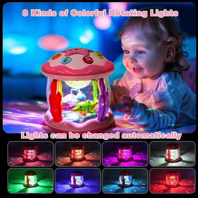 Avesa Baby Toys 6-12 Months Girl Gifts: Babies Ocean Rotating Light Up Musical Toys for Toddlers 1 2 Year Old Crawling Learning Infant Toy 6 7 8 9 10 11 12 Months Old Baby Girl Gift (Pink)