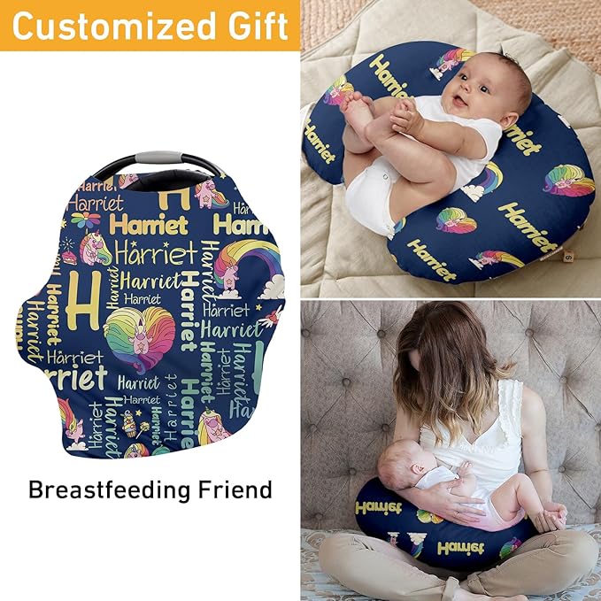 Personalised Car Seat Cover for Girls and Boys - 7 in 1 Navy Horse Print Multipurpose Breast Feeding Cover, Nursing Cover, Grocery Cart Cover - Birthday Gift for Babies(27"x29")