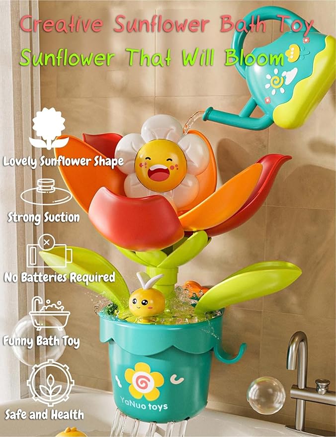 Sprinkler Sunflower Bath Toy, Baby Watering Flowering Toy for Boys and Girls, BPA-Free Tub Water Play Set with Watering Can & Suction Cup, Montessori Bathroom Gift