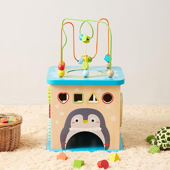Amazon Basics Kids Wooden Activity Cube, Educational Learning Toy with Bead Maze and Shape Sorter, Developmental Fine Motor Skills, Gift for Toddlers Age 12M+, Multicolor, 13.4x22.5x13.4inches
