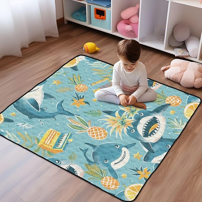Pineapple Sharks Baby Play Mat 50" x 50", Playmat for Playpen, Thicken Soft Padding Foam Crawling Mat for Babies Toddlers Infants