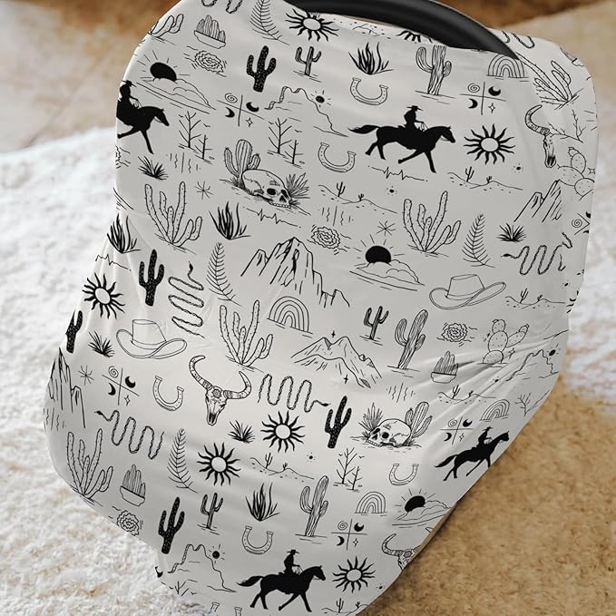 Western Cowboy Car Seat Cover for Babies Wild West Cactus Mountain Snake Cattle Skull Sun Stretchy 5-in-1 Covers Adjustable Car Canopy Breastfeeding Cover Desert Adventure Breathable Nursing Cover-Up