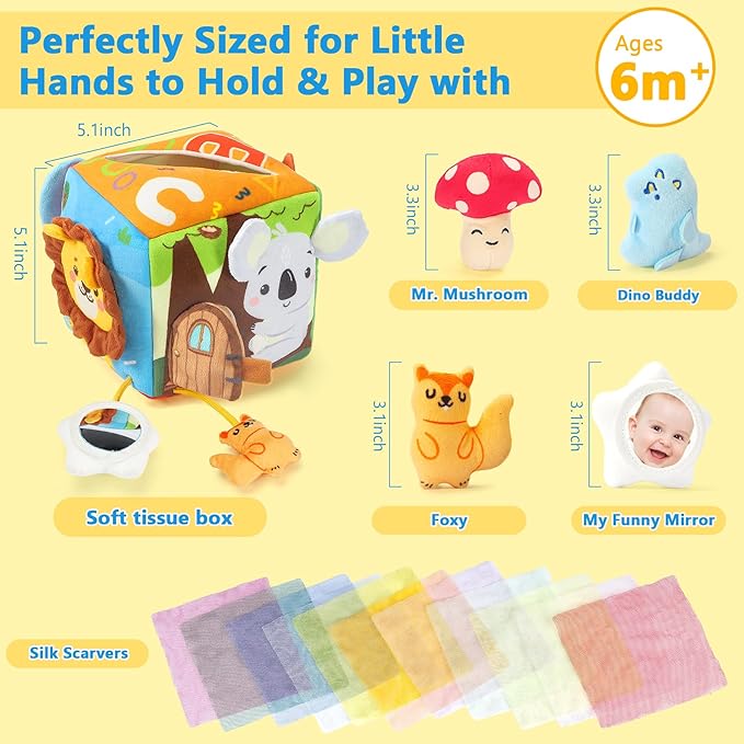 URMYWO Baby Tissue Box Toy, Montessori Sensory Toys 6-12 Months with Crinkle Paper & Scarves, Fine Motor Skills, Valentine's Day Easter Basket Stuffers, Gifts for Infants 6 9 12 18 Months Old