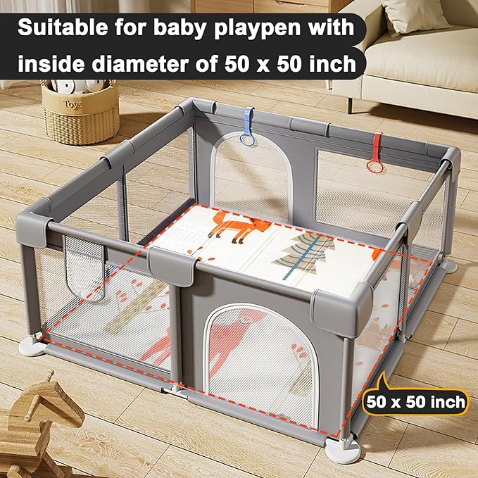 Foldable Baby Play Mat, 47" x 47" Baby Playmat for Playpen, 0.4 inch Thick Waterproof Reversible Foam Play Mat for Infant Crawling Baby for 50x50 Playpen