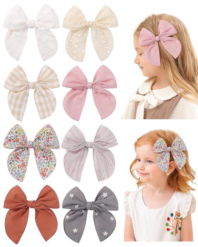 doboi 8PCS Baby Girls Hair Clips Fable Hair Bows Cotton Linen Bows for Girls Hair Accessories for Baby Toddlers Kids - Embroidery
