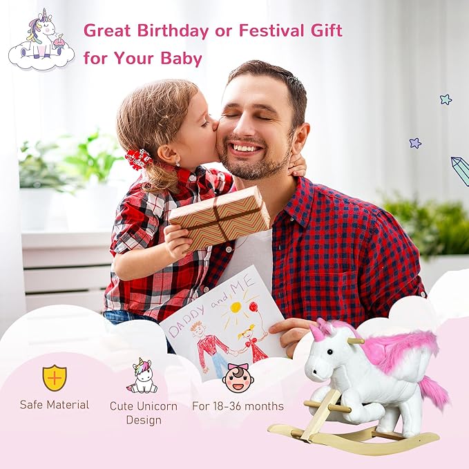 Qaba Unicorn Baby Rocking Horse Toy for Kids with Lullaby Song, Plush Ride on Horse with Heavy-Duty Support System, Interactive Toy Pretend Play Toy for Toddlers 18-36 Months
