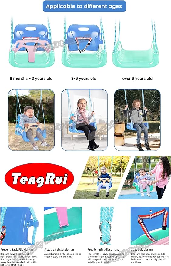 3-in-1 Swing Anti-flip Snug & Detachable for Toddler to Teenager Macarons Color Outdoor Patio Play(Light Green Chair+Pink Handrail)