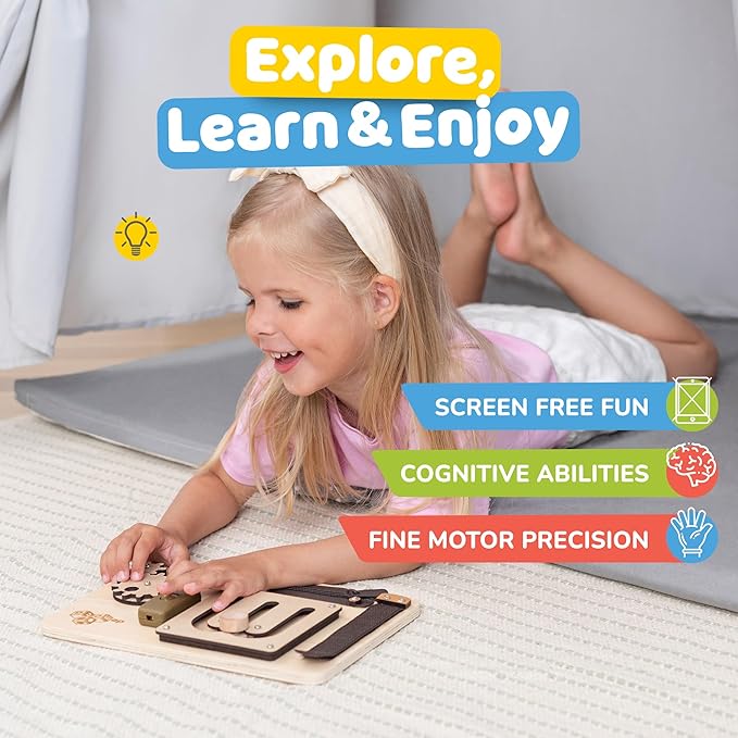 deMoca Sensory Busy Board for 1 Year Old, Travel Wooden Montessori Busy Board for Toddlers 1–3, Switch and Fidget Activity Board for Early Motor Skills and Travel Play