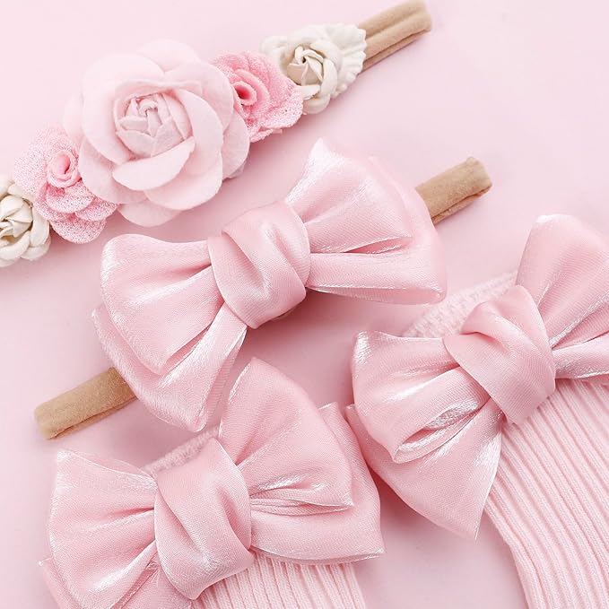 cherrboll Baby Girl Headbands and Socks Set, 3Pcs Soft Floral Hairbands Hair Bows Knit Socks for Newborn Infants Toddlers Photography Props Gifts