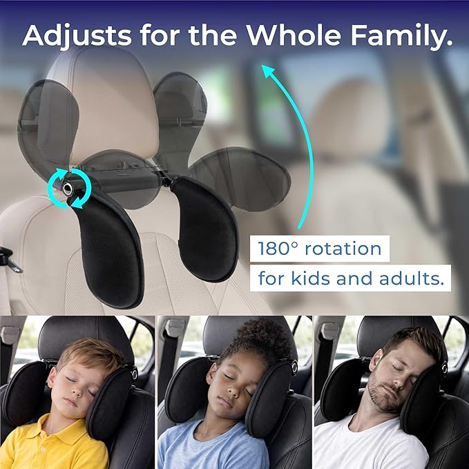 Adjustable Car Headrest Pillow, Road Pal Neck Support, Memory Foam U-Shaped Travel Sleeping Pillow for Kids & Adults, Head Neck Support for Car Seat Head Rest with Poles, Black