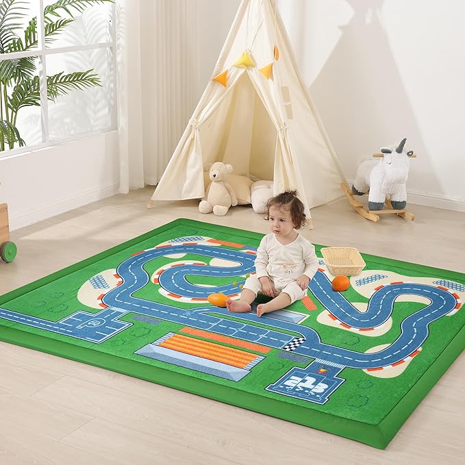 1.3" Thick Baby Floor Play Mat 79x158, Basic Padded Memory Foam Kids Mat, Extra Large Non-Slip Plush Playmat for Nursery Playroom Classroom (Race Track)