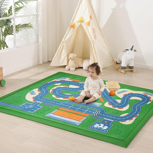 1.3" Thick Baby Floor Play Mat 79x158, Basic Padded Memory Foam Kids Mat, Extra Large Non-Slip Plush Playmat for Nursery Playroom Classroom (Race Track)