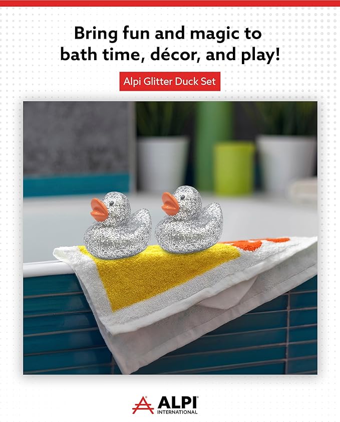 Alpi Glitter Ducks – Set of 5 Fun & Sparkly Rubber Ducks & Bath Toys - Decorative, Collectible, and Great for Parties, Gifts & Bath Time (Silver)
