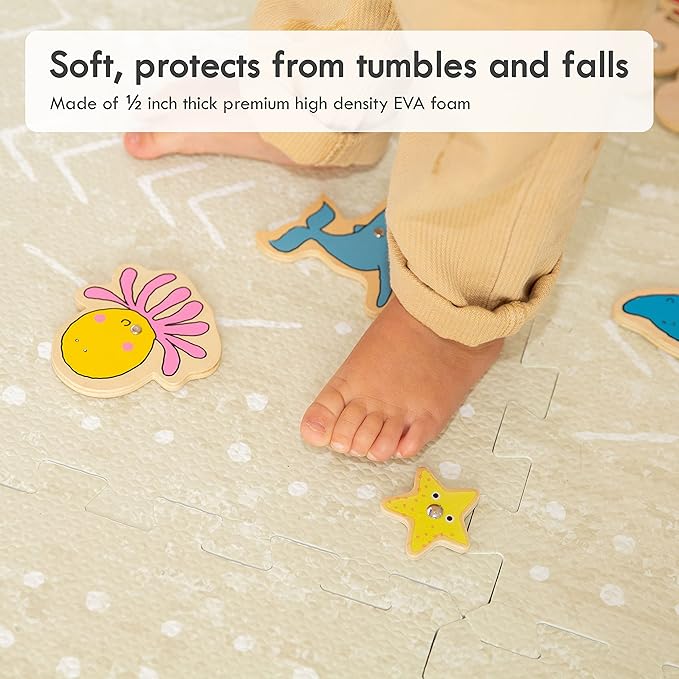 Lillefolk Baby Play Mat for Floor – 6x6ft Beige | Soft Non Toxic Premium EVA Foam Tiles for Tummy Time, Crawling & Playroom – Waterproof for Hard Floors Mat for Babies & Toddlers (9 Tiles)