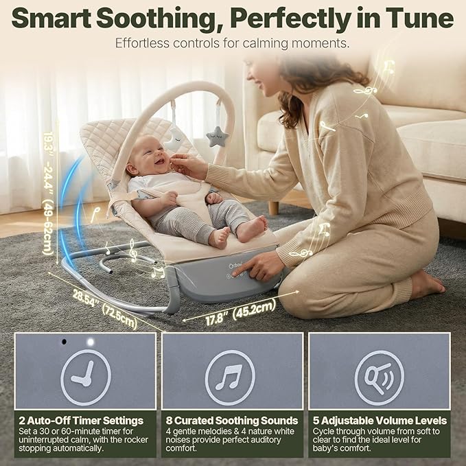 Orzbow Electric Baby Bouncer & Rocker with Innovative Auto Rocking Motion, Adaptable 3-Speed, Smart Tap Sensing, Soothing Sounds, and 3 Recline Positions, 2-in-1 Automatic Baby Rocker Chair, Beige