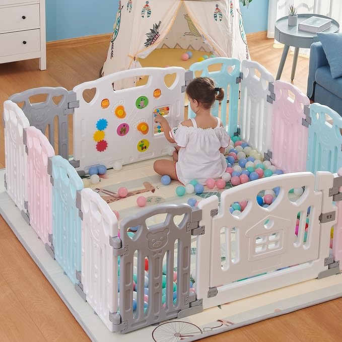 Gupamiga Baby Playpen Kids Activity Centre Safety Play Yard Home Indoor Outdoor New Pen (Macarons Classic Set 14 Panel) Baby Folding Mat
