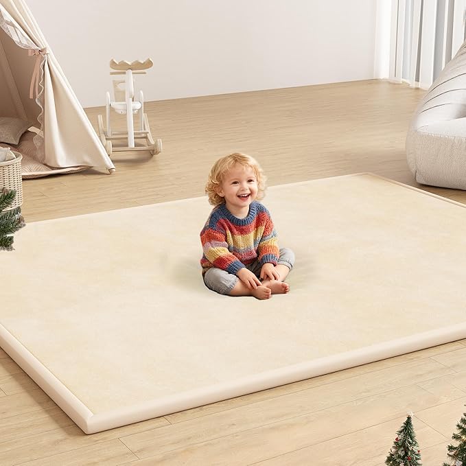 Floisdace Baby Play Mat for Floor, 1.3'' Thick Memory Foam Tummy Time Mat - Super Soft Coral Velvet Nursery Rug with Non-Slip Backing, Crawling Rug for Toddlers/Infants, Yoga & Tatami Use, 71''x 79''