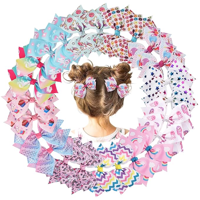 24PCS 4.5Inch Bows for Girls Boutique Grosgrain Ribbon Rainbow Hair Bow Alligator Hair Clips Pigtail Bows Unicorn Hair Clips for Baby Girls Toddler Kids Children Teens in Pairs