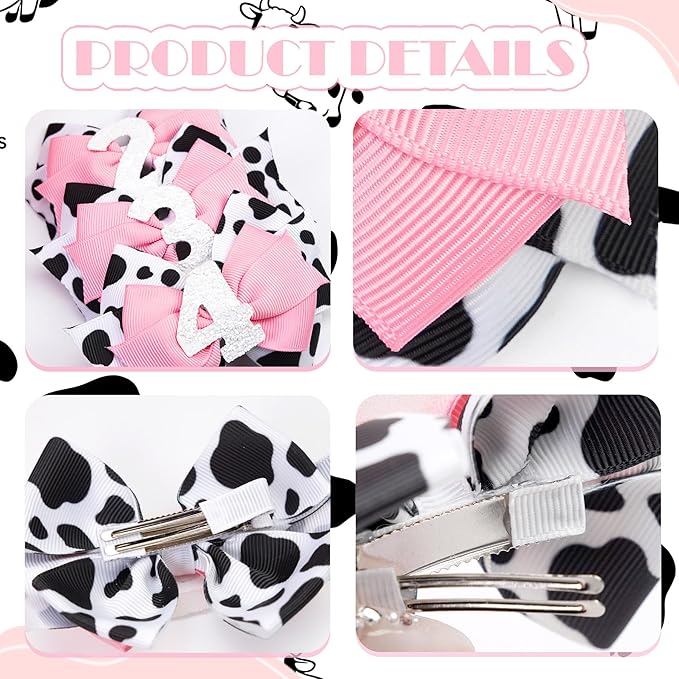 Cow Print Birthday Bow Hair Clip, Pink Farm Animal Theme 1 Year Old Hair Bow Clip Accessory for Toddler Girls Party Baby Shower Decor