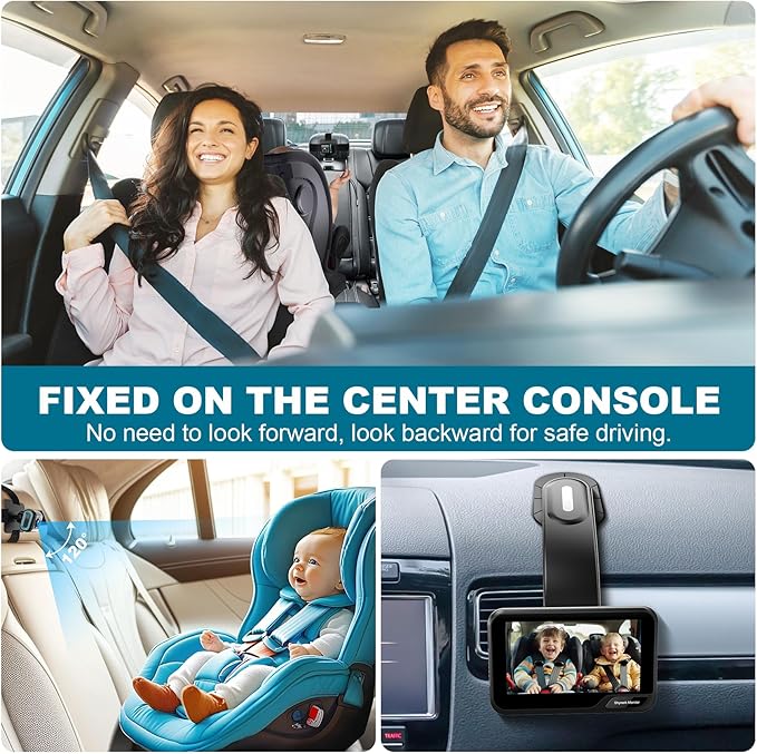Baby Car Mirror, 4.3'' HD Night Vision Function Mirror Display, Wide View Baby Car Camera Monitor 1080P Rear Facing Monitor, 360 Rotation Backseat Camera Black YB-405CA