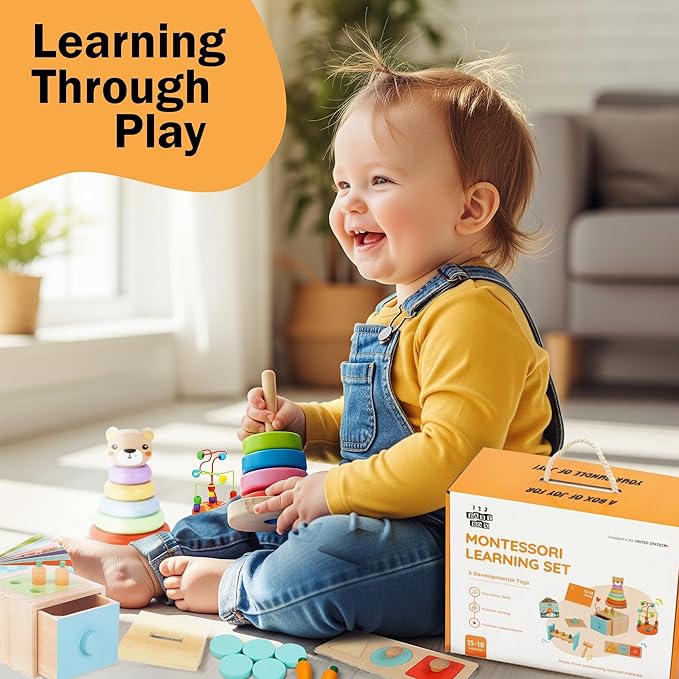 6-in-1 Montessori Learning Toys for 13-18 Months - Toddler Developmental Activity Set with Bear Tower, Pound Bench, Beads Coaster & More Educational Wooden Toys