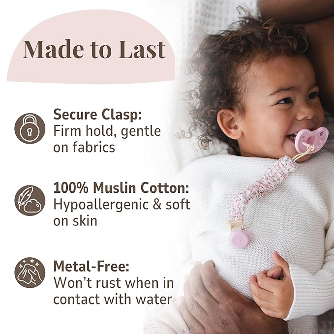 Muslin Cotton - Metal-Free Pacifier Clips, Lightweight and Secure Pacifier Holder for Babies (Ballerina Fleur) - Mila & Lulu