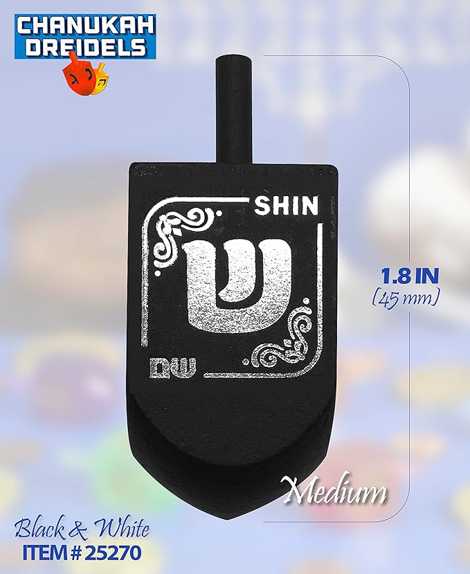 Izzy 'n' Dizzy Hanukkah Dreidels - Black & White Wood Dreidel - 10 Pack Medium - Chanukah Spinning Draidel Game