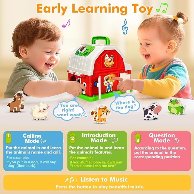 Montessori Toddler Toys for 1 2 3 Year Old Boys Girls, Musical Farm Animals Barn Toy with Sound & Light, Learning Toys for Toddler 1-3, Birthday Gift for Baby Kid 12-18 Months,Shape Sorting Fine Motor